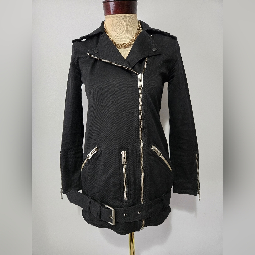 ALL SAINTS Black Elongated Denim Zippered Biker Jacket. Size 2